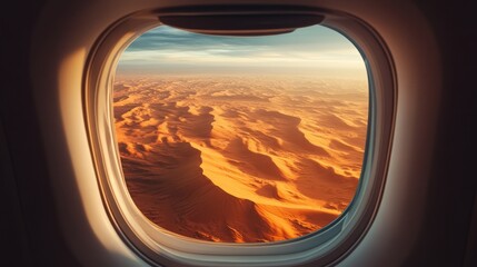 A desert landscape with golden sand dunes seen through an aircraft window 