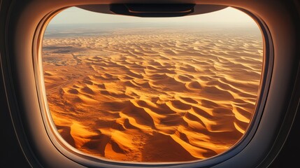 Fototapeta premium A desert landscape with golden sand dunes seen through an aircraft window 