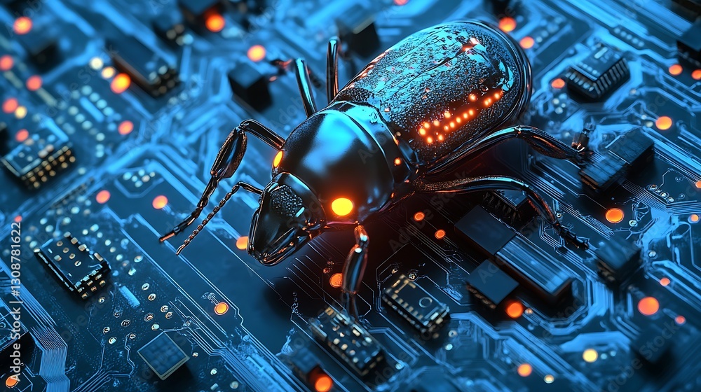 Aufkleber bug on circuit board illustrating computer virus or cyber attack