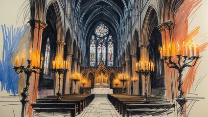 Obraz premium Church Interior Sketch. Tall columns rise within building, light from many burning candles illuminates space. Stained glass windows visible at end of hall.