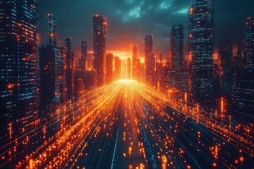 Fototapeta premium Futuristic city street at dawn with digital light trails