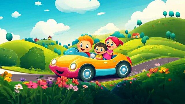 Happy cartoon kids driving a bright yellow car through a colorful countryside