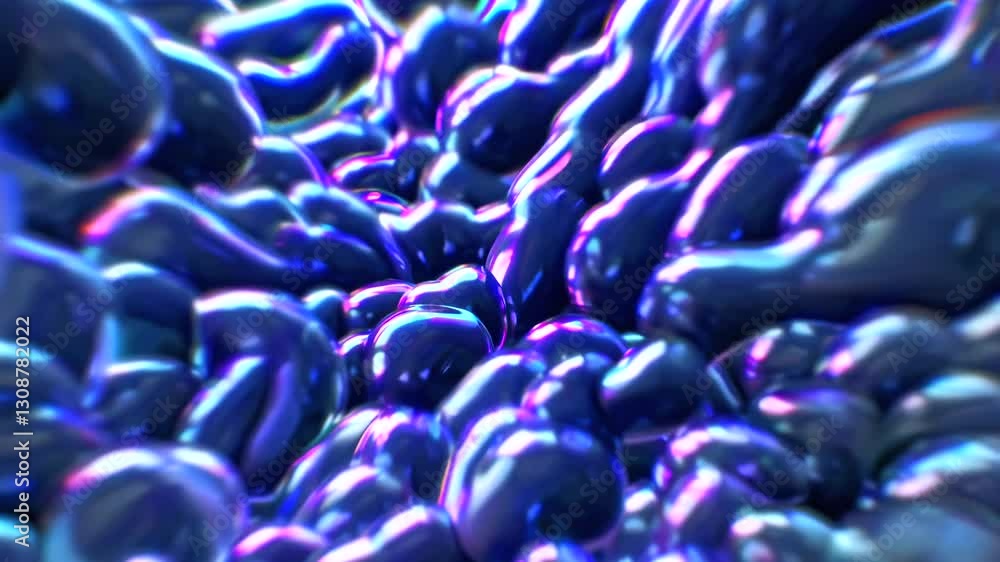 Poster metallic glossy spheres morphing, expanding, contractingshimmering abstract animation rendering dyna