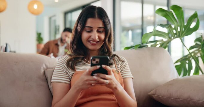 Smile, woman and relax with phone at house to browse social media, communication and reading blog. Happy, female person and mobile for chatting, message to contact and typing feedback of notification