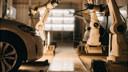 A futuristic vehicle inspection bay featuring advanced robotic arms scanning and analyzing every detail of a car, from the engine to wheels, with digital screens displaying real-time diagnostic data.