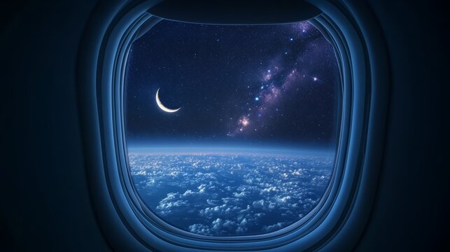 A crescent moon and stars visible through an aircraft window during a night flight