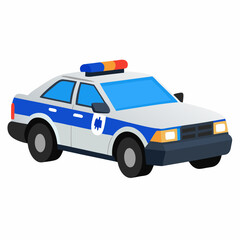 A cartoon illustration of a police car a white sedan with blue accents and flashing lights