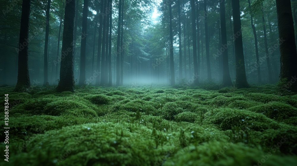 Poster misty forest path with mossy ground and light breaking through trees