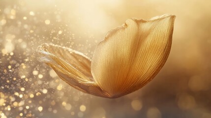 Golden leaf floating amidst sparkling light in ethereal atmosphere
