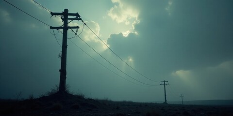 A solitary power line stretches across a desolate landscape under a brooding, overcast sky, conveying a sense of isolation and mystery.