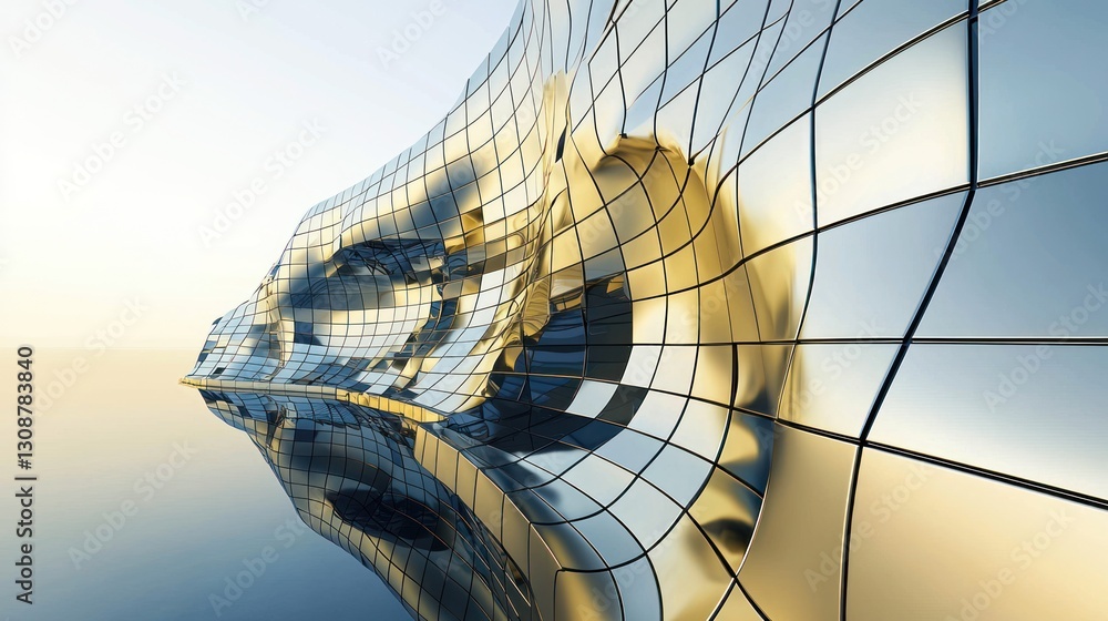 Poster abstract metallic architecture reflecting in water.