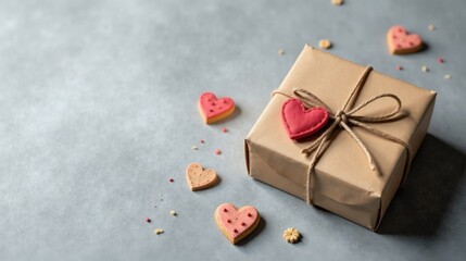 A heartfelt gift awaits, adorned with a rustic twine bow and tender heart-shaped cookies; a sweet gesture of affection and care