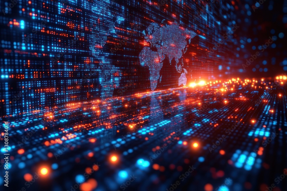 Poster digital world map overlaying glowing data matrix