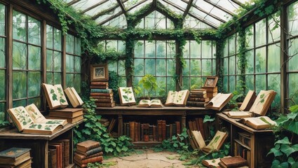 Fototapeta premium Greenhouse interior with open books on tables. Old botany books show plant drawings. Green vines cover glass windows. Sunlight fills reading area.