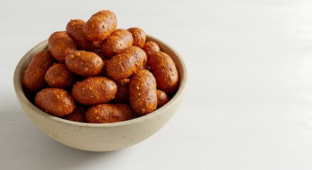 Fototapeta premium A bowl of spicy West African kuli-kuli (peanut snacks), arranged on a white background.