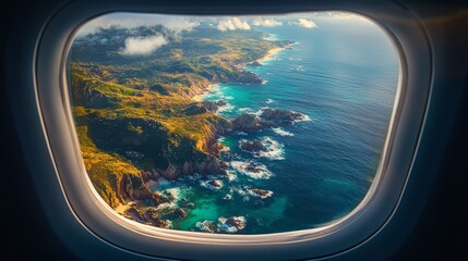 Naklejka premium A glittering coastline with waves crashing against rocks, seen through an aircraft window 