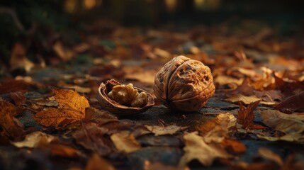 Whole and cracked walnut on autumn leaves. (1)