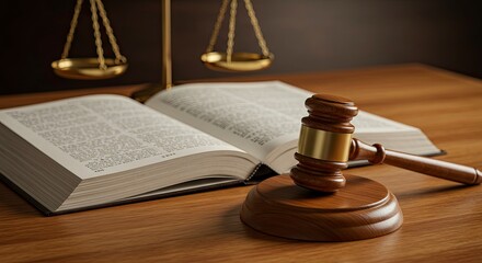 Gavel and Open Law Book with Scales of Justice Symbolizing Courtroom