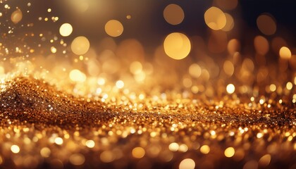 Macro golden glitter & soft bokeh: sparkling luxury.  Festive shimmer, elegant glow.  Abstract texture, glamorous detail.

