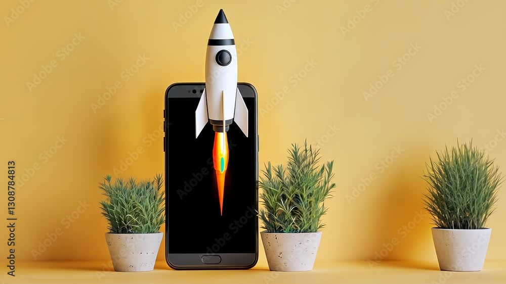 Poster startup concept with rocket taking off from a smartphone screen with smoke and yellow chroma key bac