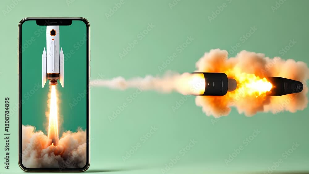 Poster startup concept with rocket taking off from a smartphone screen with smoke and green chroma key back
