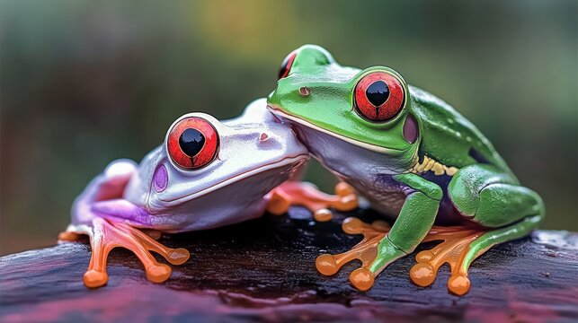 Two frogs are sitting on a log, one is green and the other is white