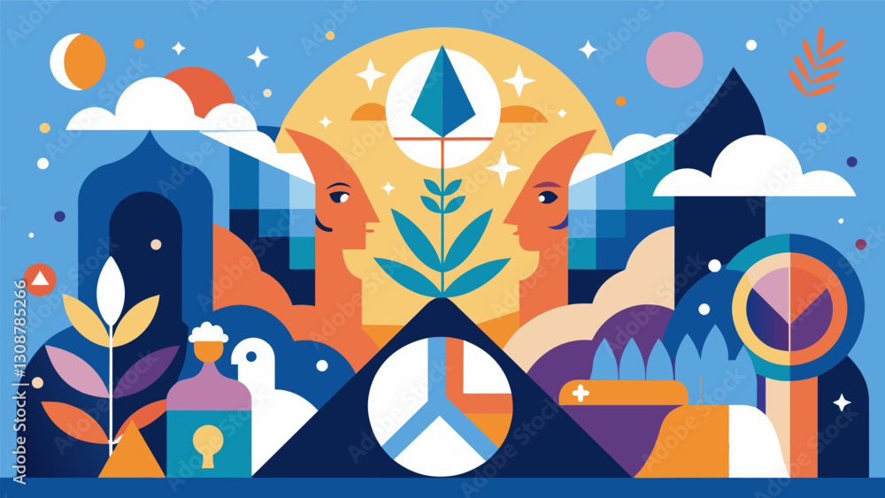 Poster through a mesmerizing mix of abstract shapes and figures the mural illustrates the idea that peace m