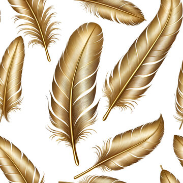 A gold feather is painted on a white background. The feather is very detailed and looks like it is made of gold. The image has a luxurious and elegant feel to it