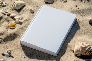 Mockup of white closed hardcover book on soft sand with shells. Minimalistic mockup for design and printing