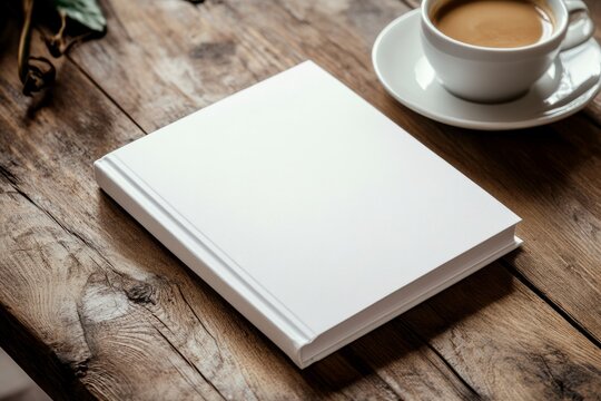 Mockup of white closed hardcover book on old wooden table with coffee. Minimalistic mockup for design and printing