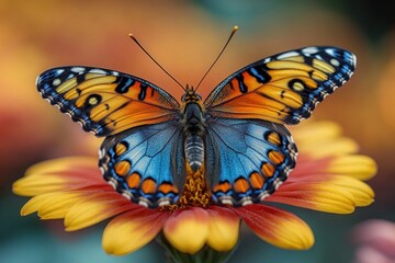 Fototapeta premium Colorful butterfly on vibrant flower, garden setting