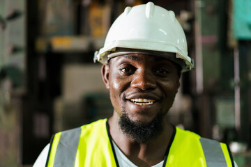 African black male engineer portrait in factory.