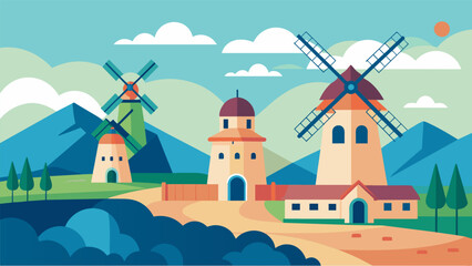 The traditional windmills have become a popular tourist attraction drawing visitors from far and wide to admire their beauty and functionality.. Vector illustration