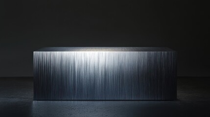 Modern metal block in minimalist dark room with spotlight highlighting texture