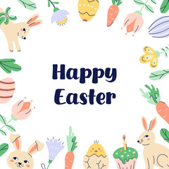 Happy Easter square Frame With Bunnies, chickens and eggs around the perimeter. Happy Easter hand drawn card. Flat illustration with partial outline. Isolated vector illustration.
