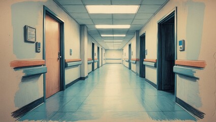 Long empty hallway with doors and blue handrails, bright light on ceiling, digital art. Indoor hospital corridor with many doors and gray floor, perspective view.