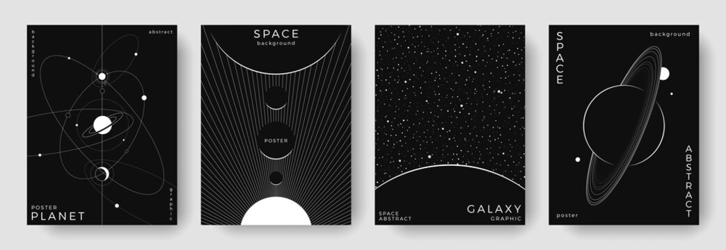 Set of abstract space astronomy backgrounds. Line art simple galaxy, planet, solar system. Black and white science future concept. Cosmic minimal design for cover, poster, banner, flyer, brochure