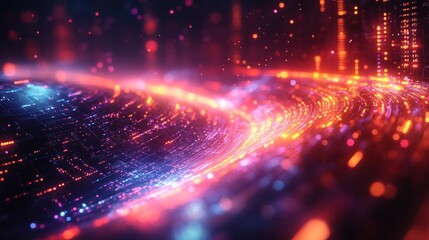 Fototapeta premium Glowing light trails flow across digital landscape with particle background