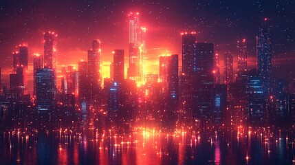 Fototapeta premium Glowing cityscape at night reflected in water with vibrant red sky