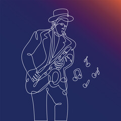 Drawing of man playing saxophone in one line style. White on dark background. Vector.