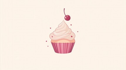 Elegant minimalist cupcake logo featuring a charming cherry on top with warm pastel colors ideal for bakery branding