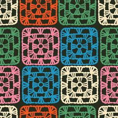 Granny square seamless pattern. Handmade, handcraft square elements. Knitting, crochet, DIY, hobby concept. Retro, Old Fashioned background. Old FashionedCozy blanket texture for textile, paper, web