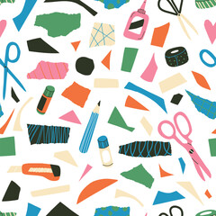 Seamles pattern with colored torn and cut paper pieces and collage supplies: scissors, glue, pencil. Geometric shapes. Trendy design for textile, paper. Art and craft, hobby concept. Vector flat
