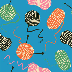 Knitting and crochet seamless pattern. Cute texture with hobby supplies. Thread, needle and yarn balls background for paper, wallpaper, textile, fabric. Handmade, handcraft, DIY, hobby concept
