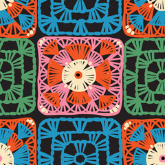 Granny square seamless pattern. Handmade, handcraft square elements. Knitting, crochet, DIY, hobby concept. Retro, Old Fashioned background. Old FashionedCozy blanket texture for textile, paper, web