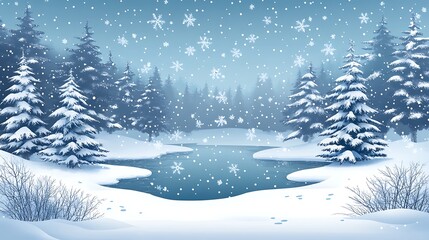 Obraz premium Snowy pond scene in winter forest snowfall