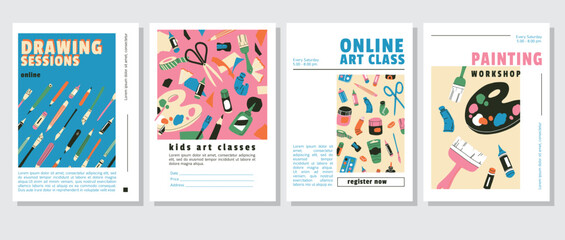 Art and creativity workshop advertising poster or web banner design templates. Drawing, painting  lessons, hobby master class, DIY, handcraft concept. Flat vector tools: palette, brush, pencil, pen