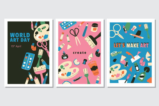 Art and creativity advertising poster, Flyer, Card, Web Banner design templates. World Art Day Celebration. Drawing, painting lesson, hobby master class, DIY workshop, handcraft concept. Flat vector