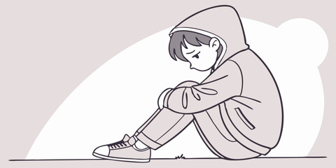 A black-and-white sketch of a child sitting alone, head down in sadness. Perfect for therapy blogs, social issue discussions, and self-help articles.