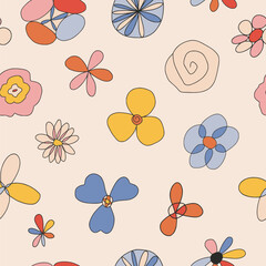 Flower graphic seamless pattern. Cute primitive naive style. Textile design with colorful outline floral elements on beige. Botany blooming spring, summer texture. Hand drawn plants. Vector surface